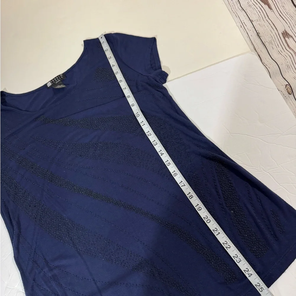 Carole Little Navy Short Sleeve Scoop Neck Top with Beading PL